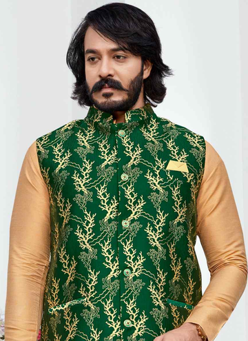Traditional Cream Woven Art Silk Kurta With Green Koti